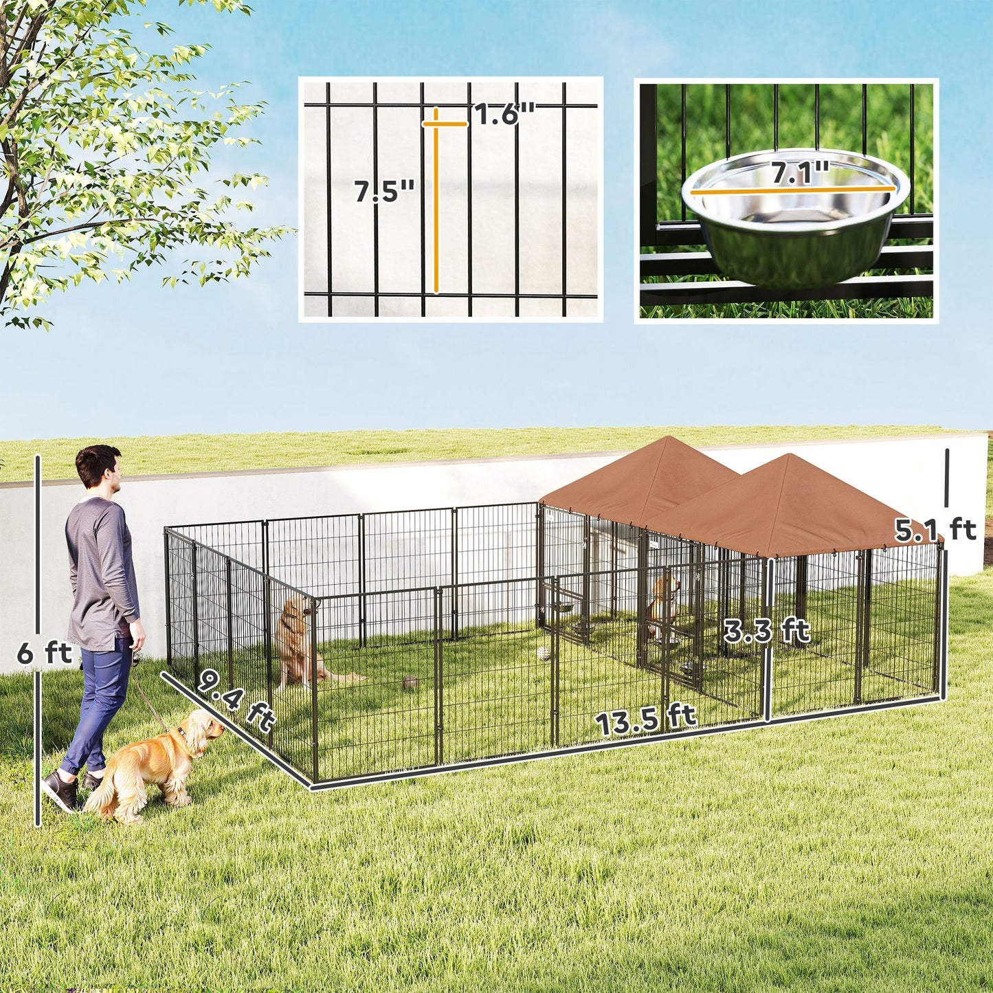 Large Outdoor Dog Kennel With 2 Rooms, Rotating & Adjustable Height Bowls, 13.5 X 9.4 X 5.1 - Raven Supply Company