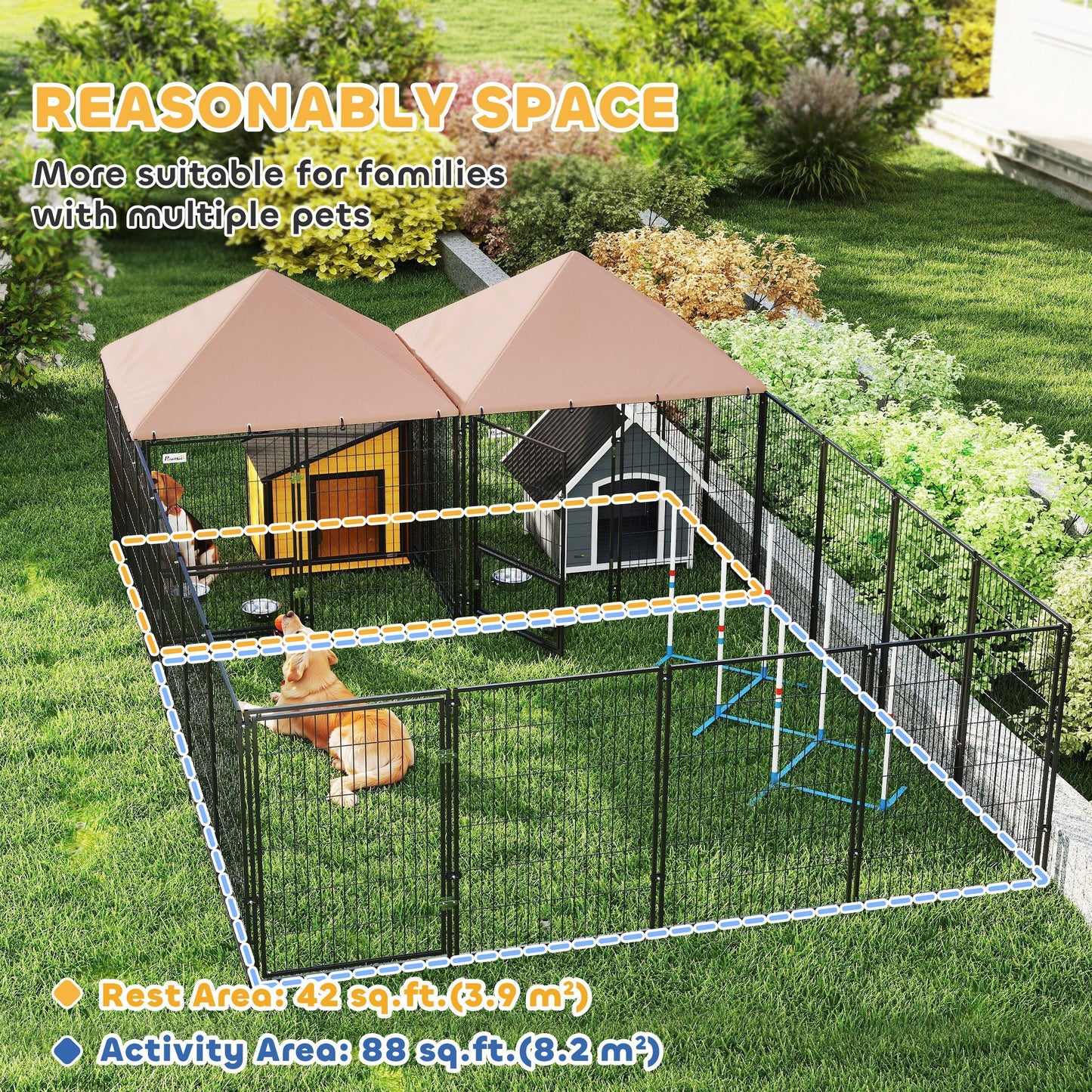Large Outdoor Dog Kennel With 2 Rooms, Rotating & Adjustable Height Bowls, 13.5 X 9.4 X 5.1 - Raven Supply Company