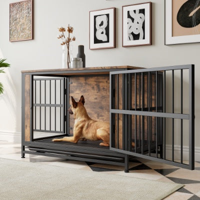 Dog Crate Furniture, Wooden Dog Crate Table, 38.9 Dog Kennel With 2 Sliding Doors And Thick Iron Door Frame, Decorative Pet Crate House For Large Medium Small Dog Indoor Use Rustic Brown - Raven Supply Company
