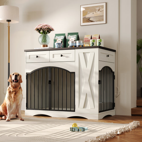 GO 43.3 Farmhouse Dog Crate Furniture, Heavy Duty Dog Crate With 3 Drawers, Indoor Wooden Dog Kennel With Removable Feeder, Dog Cage End Table For Medium Large Dogs, White - Raven Supply Company