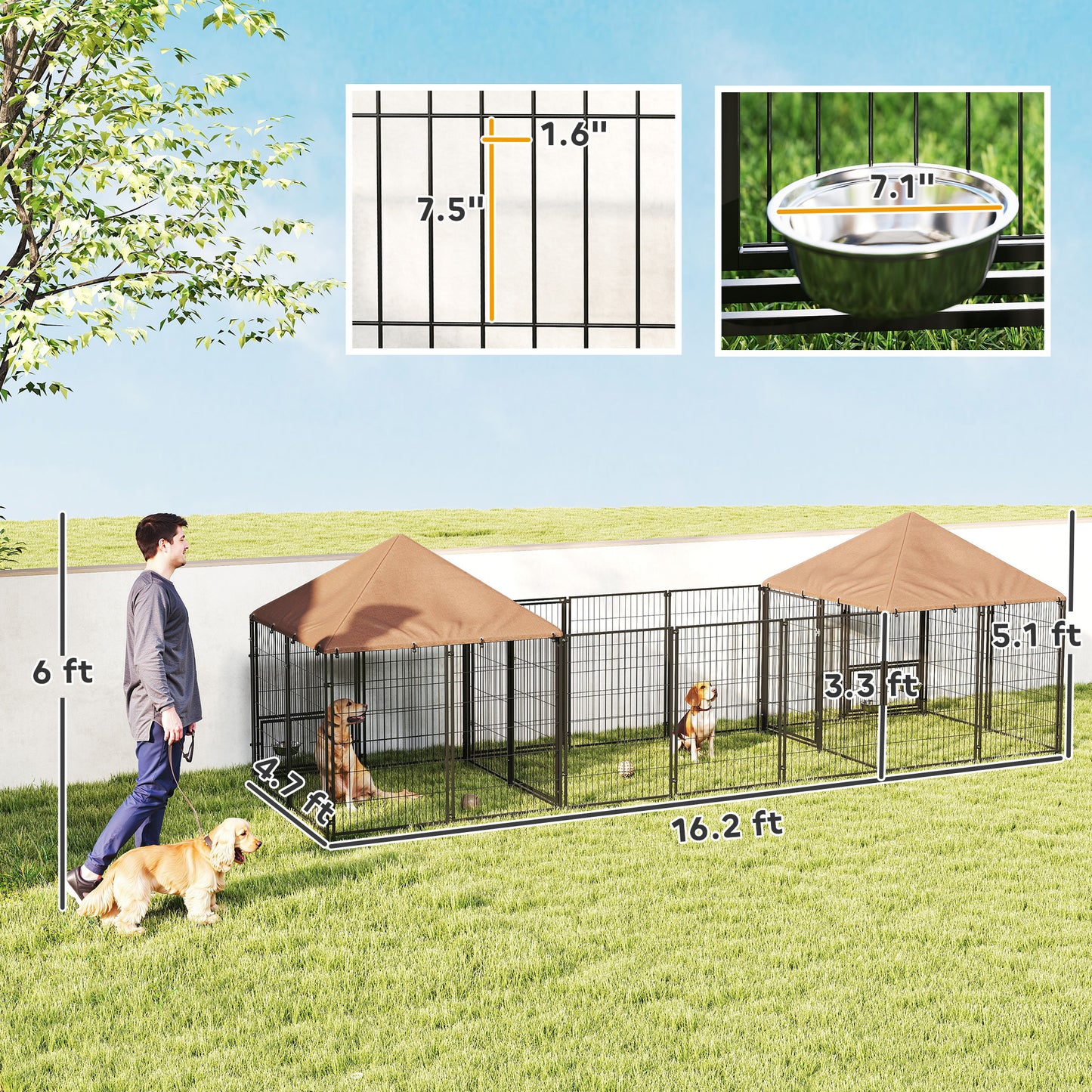 Large Outdoor Dog Kennel With 2 Rooms, Rotating & Adjustable Height Bowls, Waterproof & UV-Resistant Canopy - Raven Supply Company