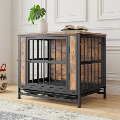 Dog Crate Furniture, Wooden Dog Crate Table, 27.48 Dog Kennel With 2 Sliding Doors And Thick Iron Door Frame, Decorative Pet Crate House For Small Dog Indoor Use Rustic Brown - Raven Supply Company