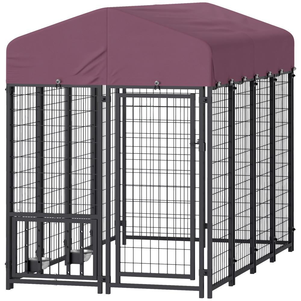 Welded Wire Outdoor Dog Kennel With 360 Rotating & 4 Levels Adjustable Bowls, Waterproof Cover, 7.9 X 4 X 6 - Raven Supply Company