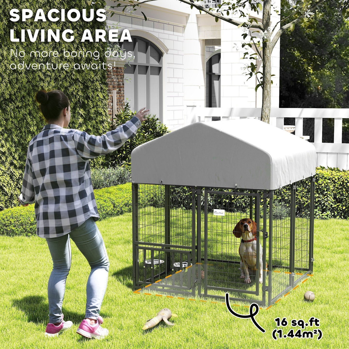 Welded Wire Outdoor Dog Kennel With 360 Rotating & 4 Levels Adjustable Bowls, Waterproof Cover, 3.9 X 3.9 X 4.5 - Raven Supply Company