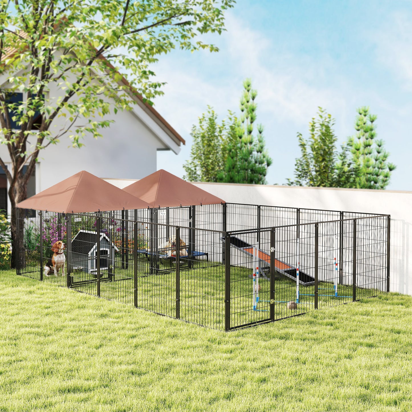 Large Outdoor Dog Kennel With 2 Rooms, Rotating & Adjustable Height Bowls, 13.5 X 9.4 X 5.1 - Raven Supply Company