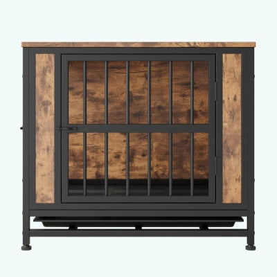 Dog Crate Furniture, Wooden Dog Crate Table, 27.48 Dog Kennel With 2 Sliding Doors And Thick Iron Door Frame, Decorative Pet Crate House For Small Dog Indoor Use Rustic Brown - Raven Supply Company