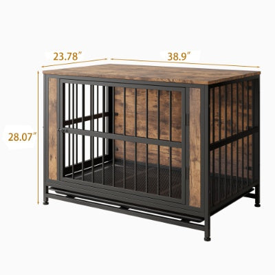 Dog Crate Furniture, Wooden Dog Crate Table, 38.9 Dog Kennel With 2 Sliding Doors And Thick Iron Door Frame, Decorative Pet Crate House For Large Medium Small Dog Indoor Use Rustic Brown - Raven Supply Company