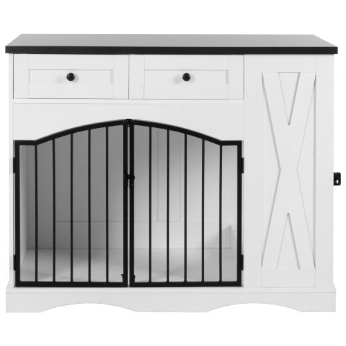 GO 43.3 Farmhouse Dog Crate Furniture, Heavy Duty Dog Crate With 3 Drawers, Indoor Wooden Dog Kennel With Removable Feeder, Dog Cage End Table For Medium Large Dogs, White - Raven Supply Company