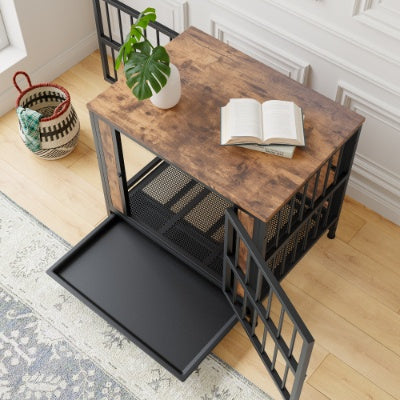 Dog Crate Furniture, Wooden Dog Crate Table, 27.48 Dog Kennel With 2 Sliding Doors And Thick Iron Door Frame, Decorative Pet Crate House For Small Dog Indoor Use Rustic Brown - Raven Supply Company