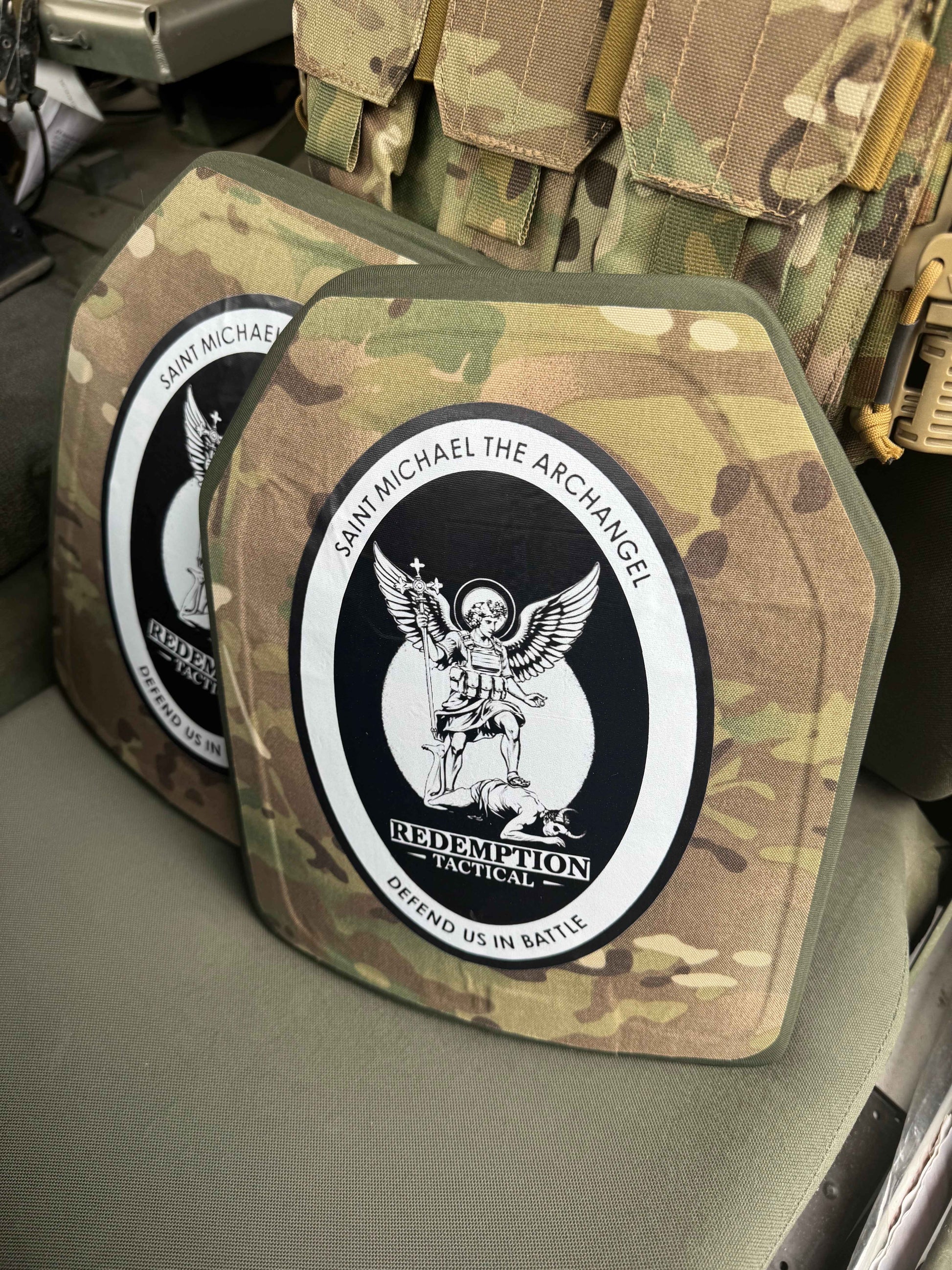 St Michael Archangel Plates Pair of 10x12 Level IV Ceramic PE Plates Ballistic FRONT AND BACK (SIZE SMALL to LARGE) Curved with Shooters Cut