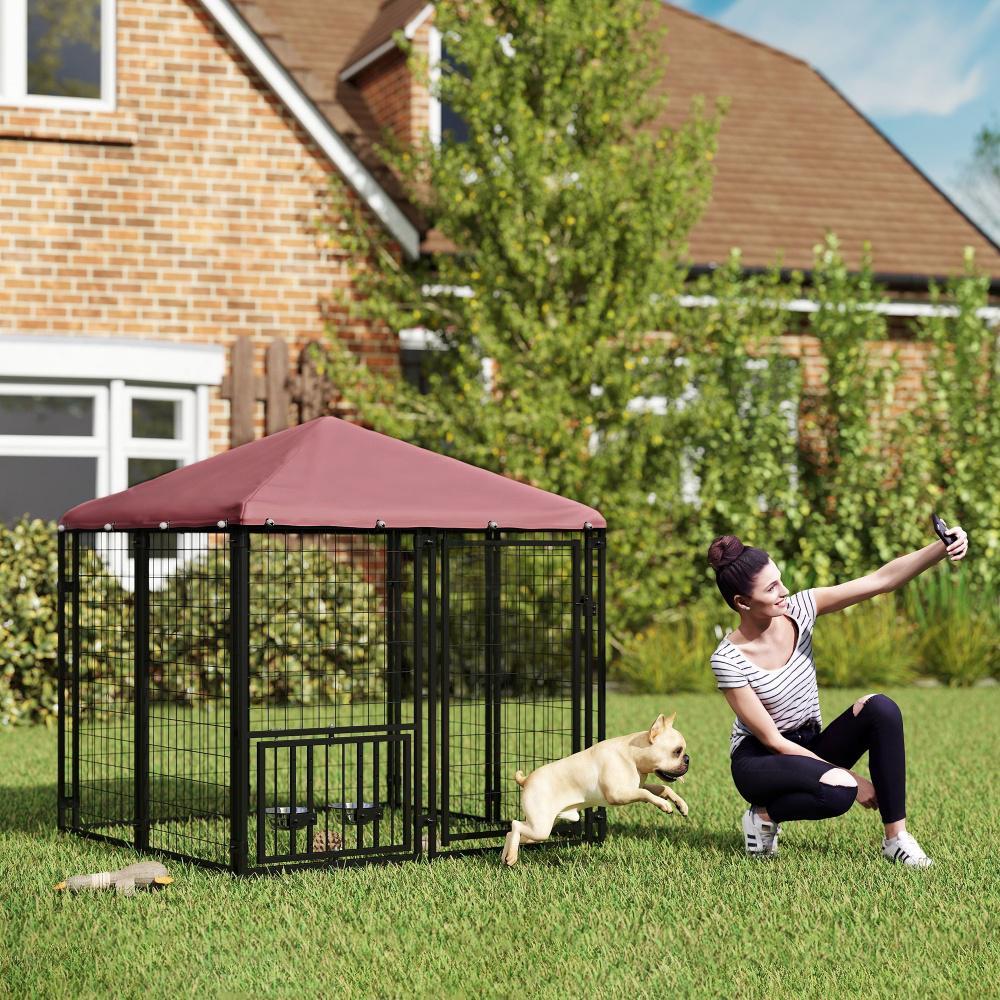 Welded Wire Outdoor Dog Kennel With 360 Rotating & 4 Levels Adjustable Bowls, Waterproof Cover, 4.6 X 4.6 X 5 - Raven Supply Company
