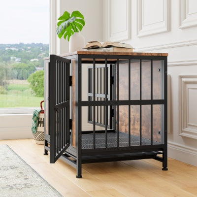 Dog Crate Furniture, Wooden Dog Crate Table, 27.48  Dog Kennel With 2 Sliding Doors And Thick Iron Door Frame, Decorative Pet Crate House For Small Dog Indoor Use Rustic Brown - Raven Supply Company