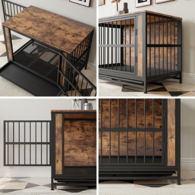 Dog Crate Furniture, Wooden Dog Crate Table, 38.9 Dog Kennel With 2 Sliding Doors And Thick Iron Door Frame, Decorative Pet Crate House For Large Medium Small Dog Indoor Use  Rustic Brown - Raven Supply Company