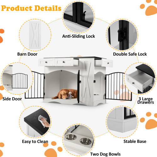 GO 43.3 Farmhouse Dog Crate Furniture, Heavy Duty Dog Crate With 3 Drawers, Indoor Wooden Dog Kennel With Removable Feeder, Dog Cage End Table For Medium Large Dogs, White - Raven Supply Company