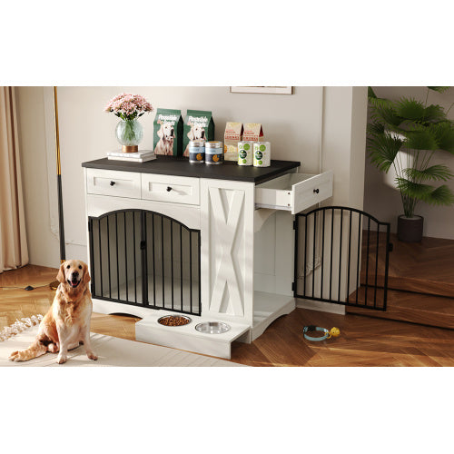 GO 43.3 Farmhouse Dog Crate Furniture, Heavy Duty Dog Crate With 3 Drawers, Indoor Wooden Dog Kennel With Removable Feeder, Dog Cage End Table For Medium Large Dogs, White - Raven Supply Company