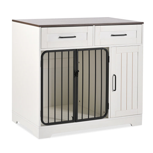 GO 37.4 Dog Crate Furniture, Indoor Dog Kennel With 2 Drawers And Storage Cabinet, Modern Furniture Dog Crate Side End Table For Small Medium Dogs, White - Raven Supply Company