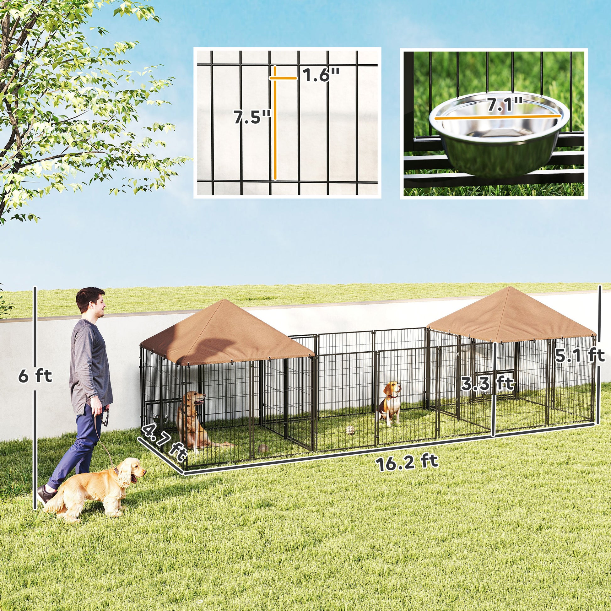 Large Outdoor Dog Kennel With 2 Rooms, Rotating & Adjustable Height Bowls, Waterproof & UV-Resistant Canopy - Raven Supply Company