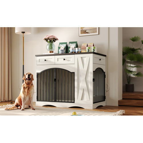 GO 43.3 Farmhouse Dog Crate Furniture, Heavy Duty Dog Crate With 3 Drawers, Indoor Wooden Dog Kennel With Removable Feeder, Dog Cage End Table For Medium Large Dogs, White - Raven Supply Company