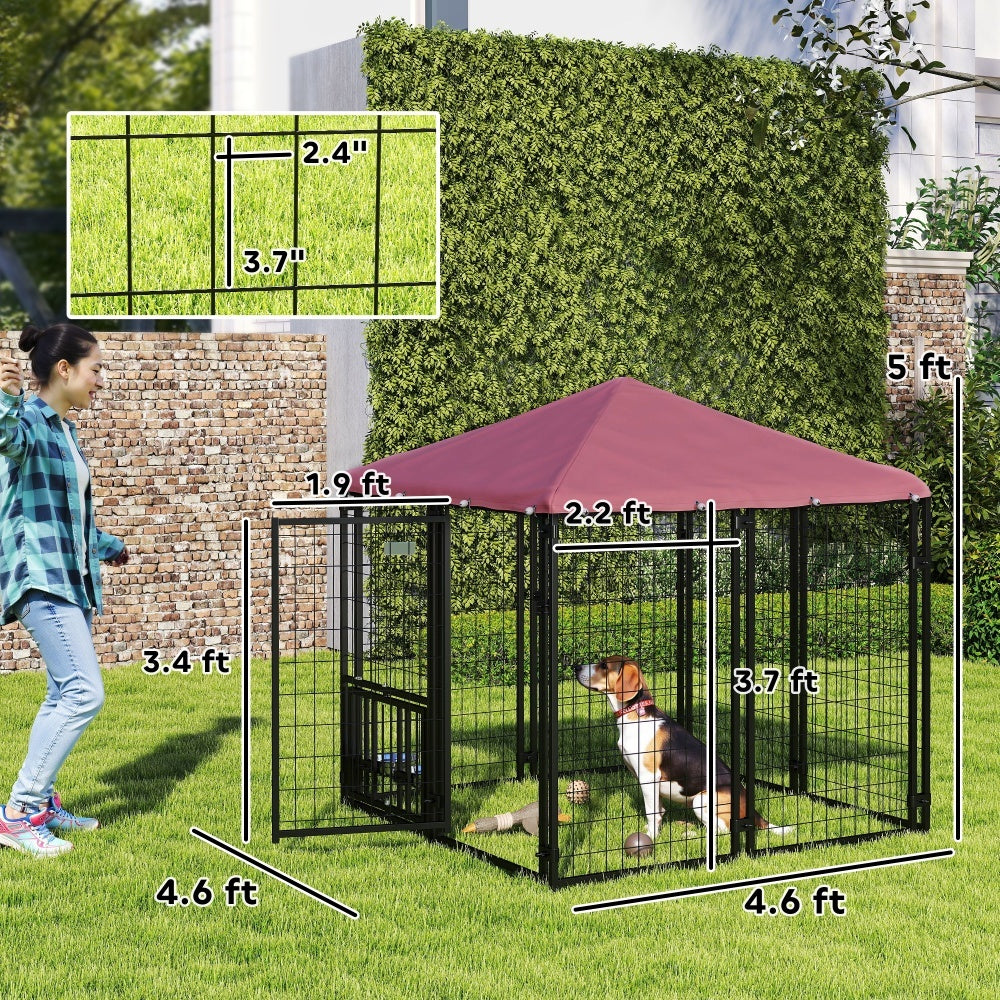 Welded Wire Outdoor Dog Kennel With 360 Rotating & 4 Levels Adjustable Bowls, Waterproof Cover, 4.6 X 4.6 X 5 - Raven Supply Company