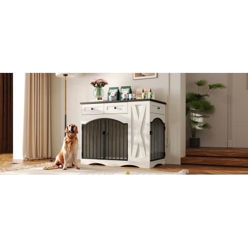 GO 43.3 Farmhouse Dog Crate Furniture, Heavy Duty Dog Crate With 3 Drawers, Indoor Wooden Dog Kennel With Removable Feeder, Dog Cage End Table For Medium Large Dogs, White - Raven Supply Company