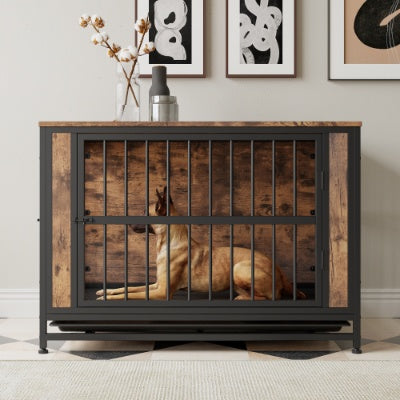 Dog Crate Furniture, Wooden Dog Crate Table, 38.9 Dog Kennel With 2 Sliding Doors And Thick Iron Door Frame, Decorative Pet Crate House For Large Medium Small Dog Indoor Use  Rustic Brown - Raven Supply Company