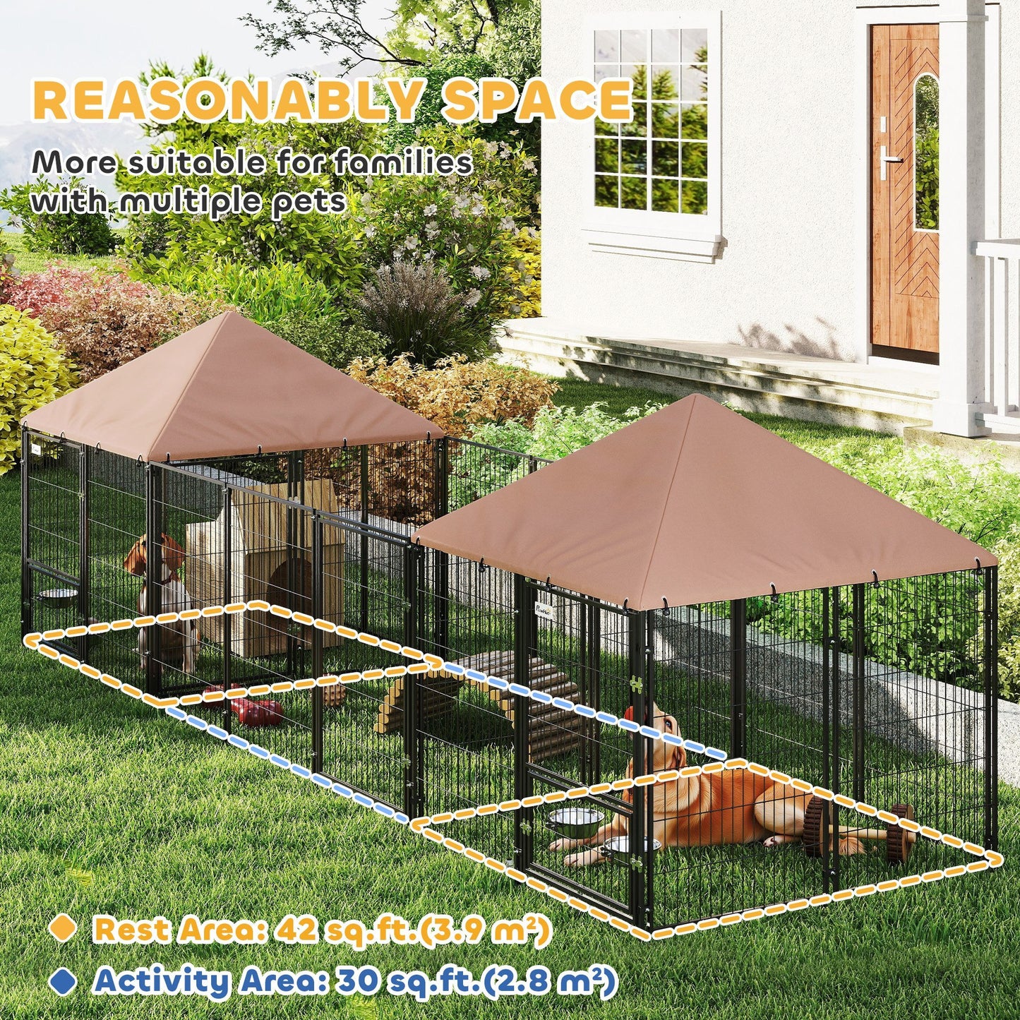Large Outdoor Dog Kennel With 2 Rooms, Rotating & Adjustable Height Bowls, Waterproof & UV-Resistant Canopy - Raven Supply Company