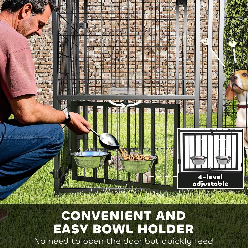 Welded Wire Outdoor Dog Kennel With 360 Rotating & 4 Levels Adjustable Bowls, Waterproof Cover, 4.6 X 4.6 X 5 - Raven Supply Company
