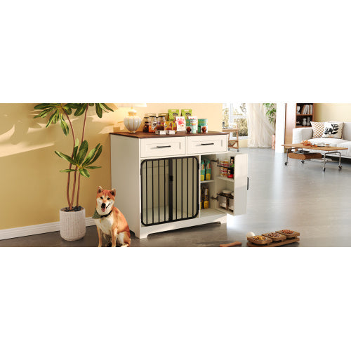 GO 37.4 Dog Crate Furniture, Indoor Dog Kennel With 2 Drawers And Storage Cabinet, Modern Furniture Dog Crate Side End Table For Small Medium Dogs, White - Raven Supply Company