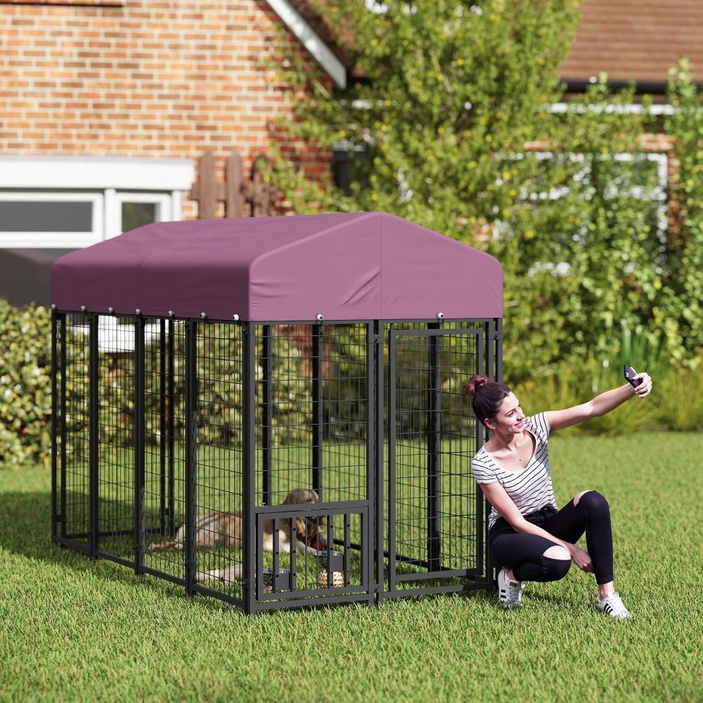 Welded Wire Outdoor Dog Kennel With 360 Rotating & 4 Levels Adjustable Bowls, Waterproof Cover, 7.9 X 4 X 6 - Raven Supply Company