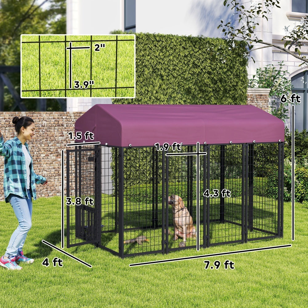 Welded Wire Outdoor Dog Kennel With 360 Rotating & 4 Levels Adjustable Bowls, Waterproof Cover, 7.9 X 4 X 6 - Raven Supply Company