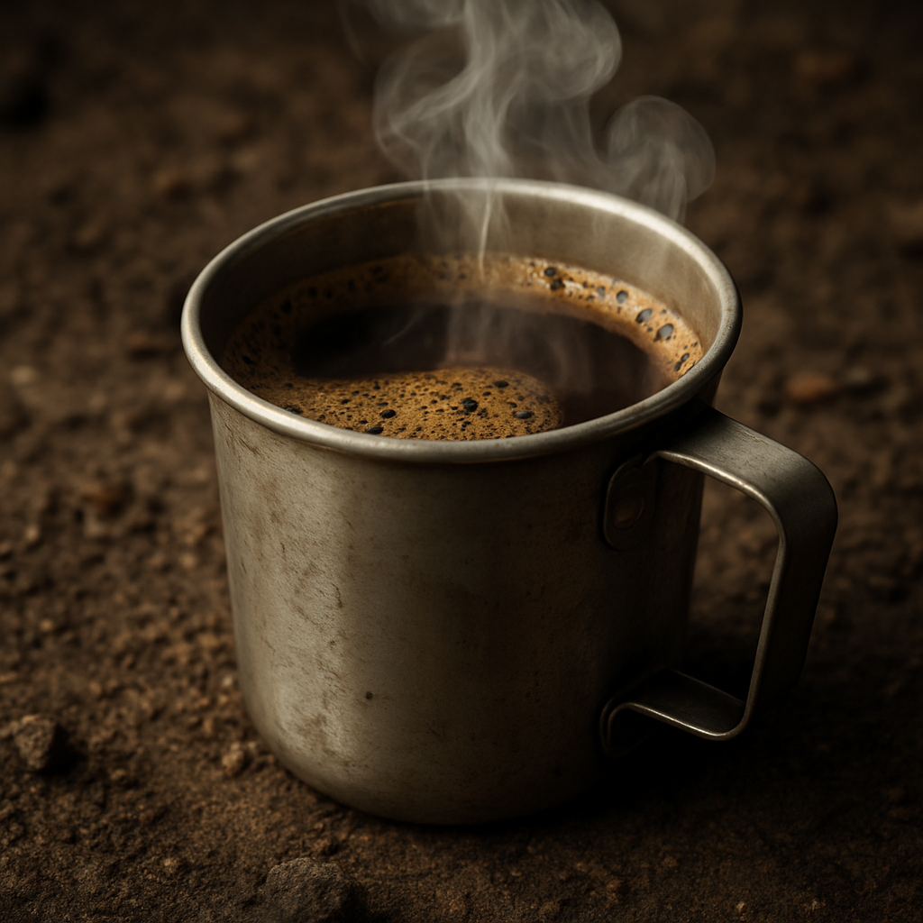 Steaming coffee in a metal cup on a dark, textured surface