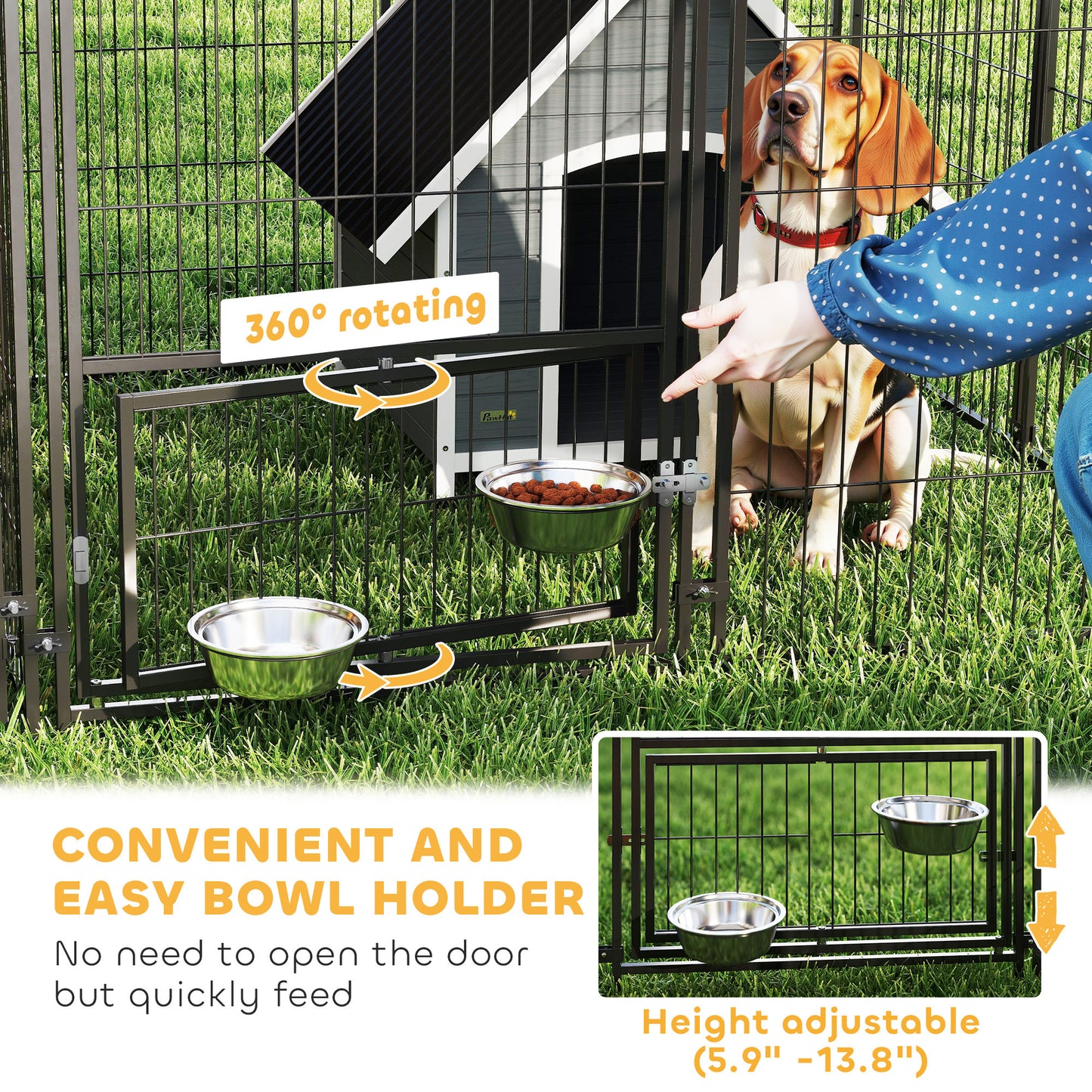 Large Outdoor Dog Kennel With 2 Rooms, Rotating & Adjustable Height Bowls, 13.5 X 9.4 X 5.1 - Raven Supply Company