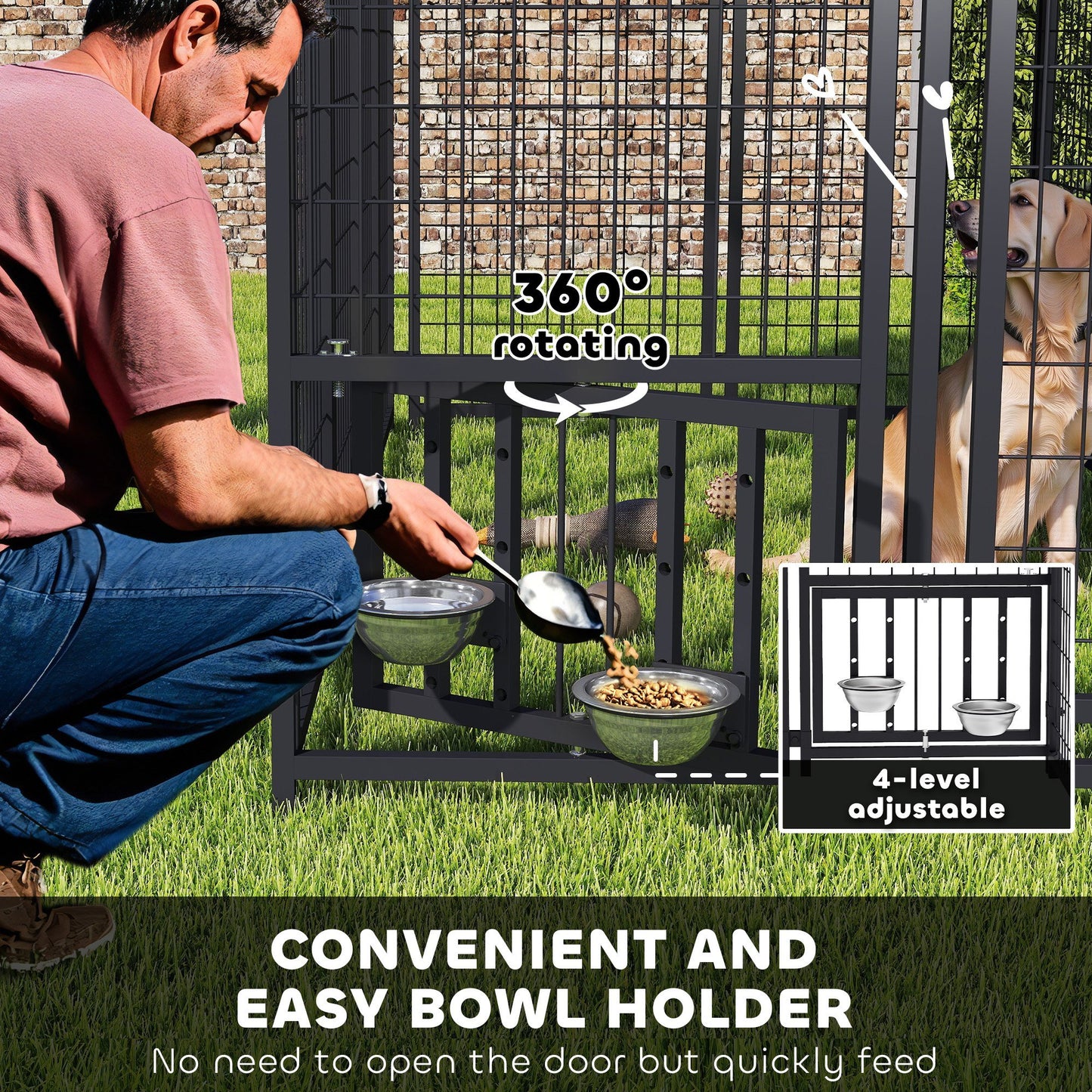 Welded Wire Outdoor Dog Kennel With 360 Rotating & 4 Levels Adjustable Bowls, Waterproof Cover, 7.9 X 4 X 6 - Raven Supply Company