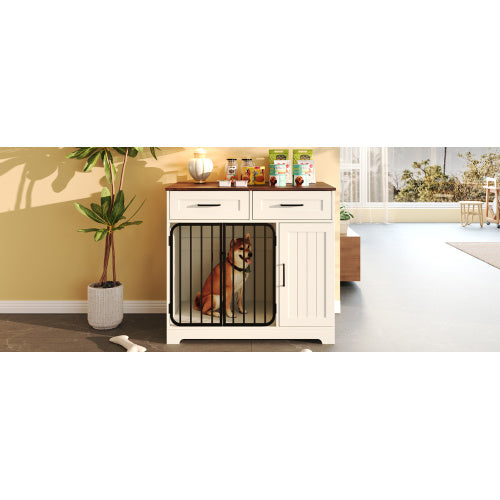 GO 37.4 Dog Crate Furniture, Indoor Dog Kennel With 2 Drawers And Storage Cabinet, Modern Furniture Dog Crate Side End Table For Small Medium Dogs, White - Raven Supply Company
