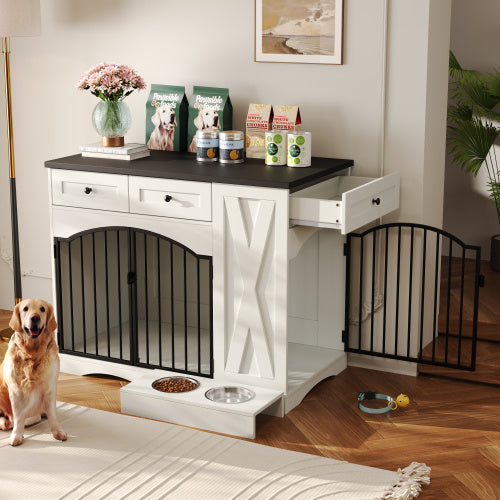GO 43.3 Farmhouse Dog Crate Furniture, Heavy Duty Dog Crate With 3 Drawers, Indoor Wooden Dog Kennel With Removable Feeder, Dog Cage End Table For Medium Large Dogs, White - Raven Supply Company