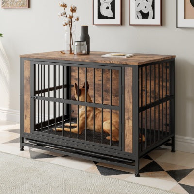 Dog Crate Furniture, Wooden Dog Crate Table, 38.9 Dog Kennel With 2 Sliding Doors And Thick Iron Door Frame, Decorative Pet Crate House For Large Medium Small Dog Indoor Use  Rustic Brown - Raven Supply Company