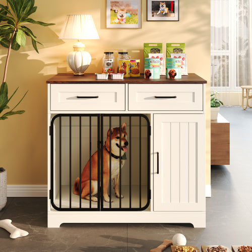 GO 37.4 Dog Crate Furniture, Indoor Dog Kennel With 2 Drawers And Storage Cabinet, Modern Furniture Dog Crate Side End Table For Small Medium Dogs, White - Raven Supply Company