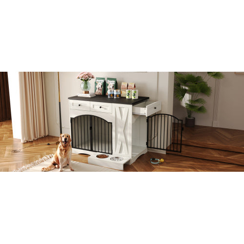 GO 43.3 Farmhouse Dog Crate Furniture, Heavy Duty Dog Crate With 3 Drawers, Indoor Wooden Dog Kennel With Removable Feeder, Dog Cage End Table For Medium Large Dogs, White - Raven Supply Company