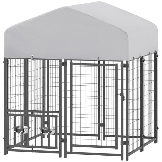 Welded Wire Outdoor Dog Kennel With 360 Rotating & 4 Levels Adjustable Bowls, Waterproof Cover, 3.9 X 3.9 X 4.5 - Raven Supply Company