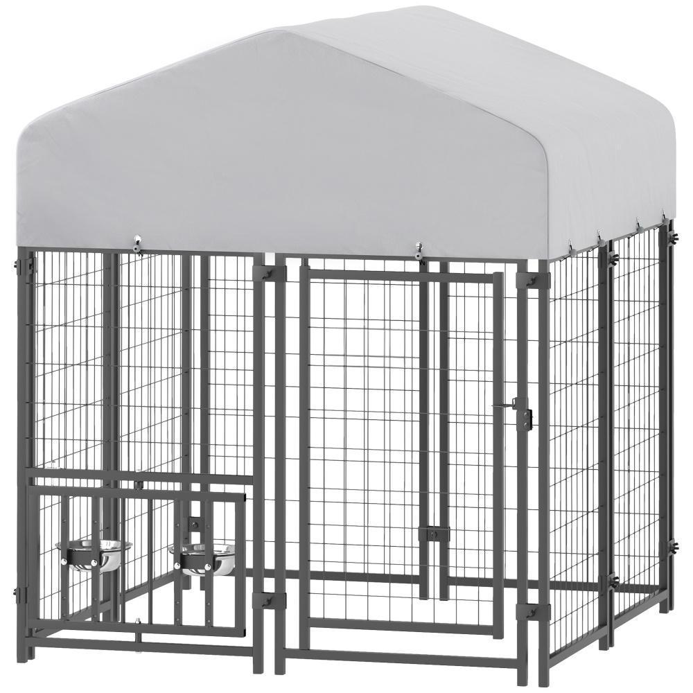 Welded Wire Outdoor Dog Kennel With 360 Rotating & 4 Levels Adjustable Bowls, Waterproof Cover, 3.9 X 3.9 X 4.5 - Raven Supply Company