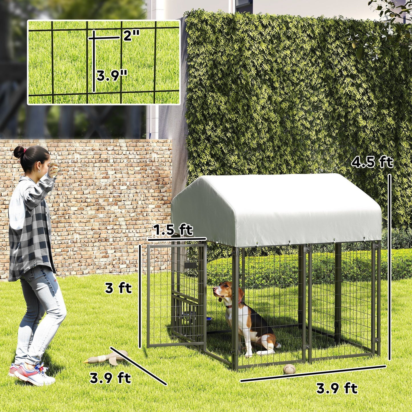 Welded Wire Outdoor Dog Kennel With 360 Rotating & 4 Levels Adjustable Bowls, Waterproof Cover, 3.9 X 3.9 X 4.5 - Raven Supply Company