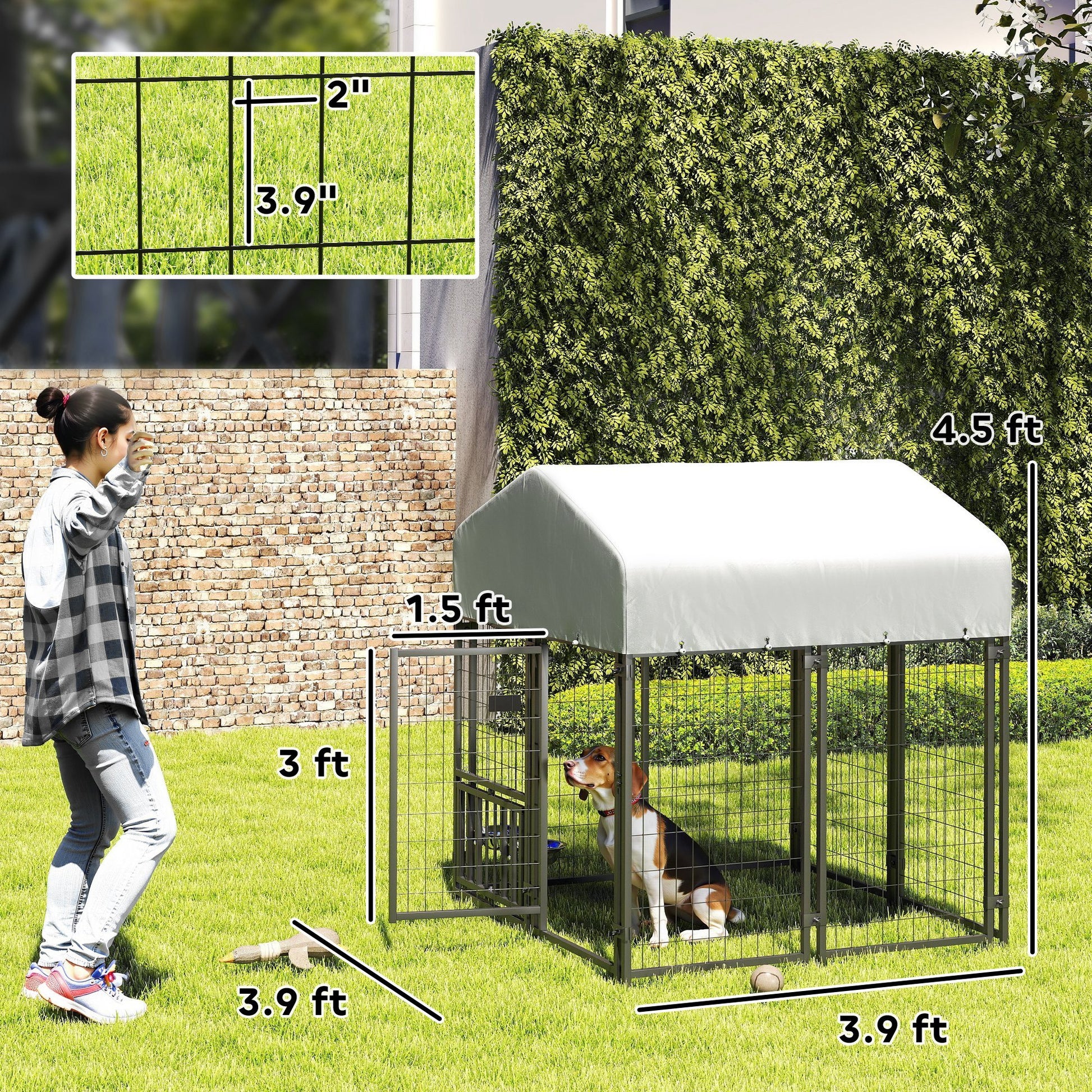 Welded Wire Outdoor Dog Kennel With 360 Rotating & 4 Levels Adjustable Bowls, Waterproof Cover, 3.9 X 3.9 X 4.5 - Raven Supply Company