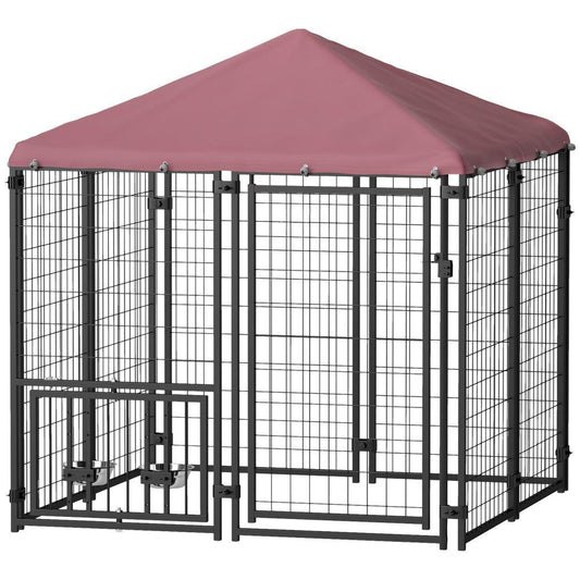 Welded Wire Outdoor Dog Kennel With 360 Rotating & 4 Levels Adjustable Bowls, Waterproof Cover, 4.6 X 4.6 X 5 - Raven Supply Company