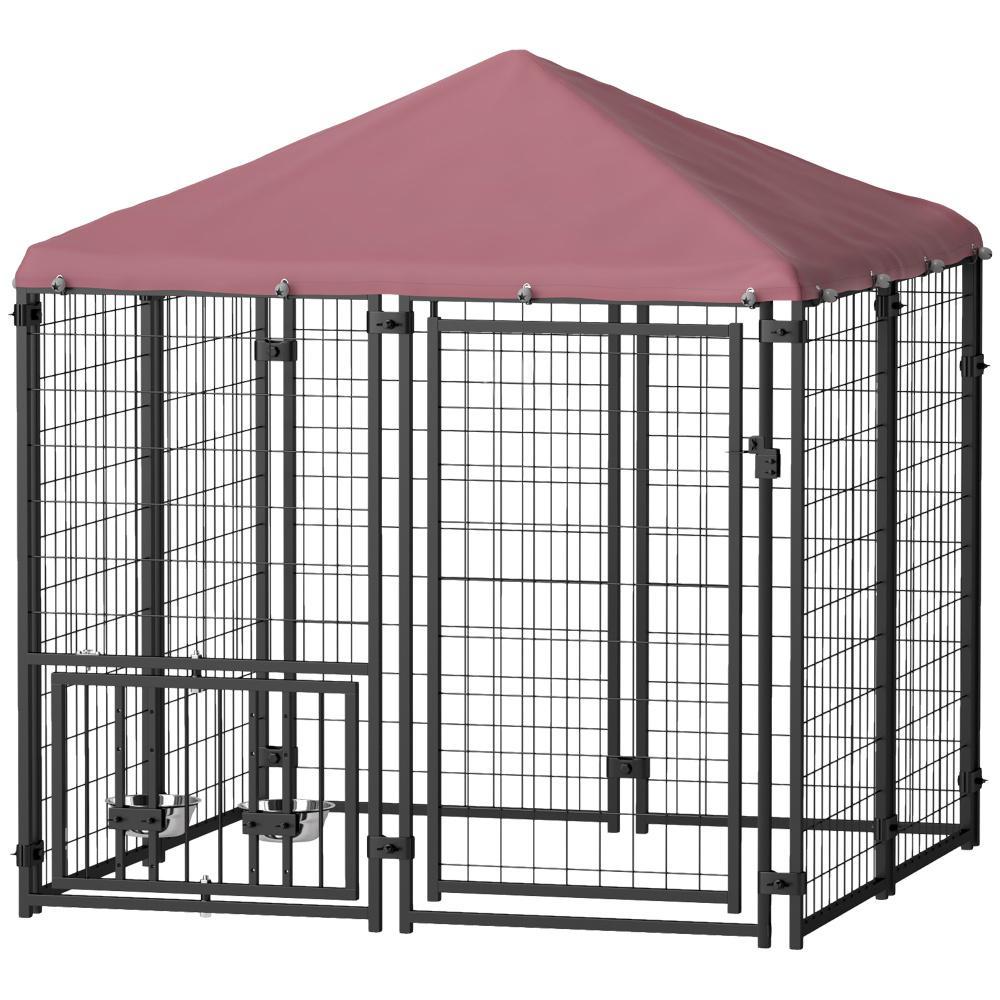Welded Wire Outdoor Dog Kennel With 360 Rotating & 4 Levels Adjustable Bowls, Waterproof Cover, 4.6 X 4.6 X 5 - Raven Supply Company